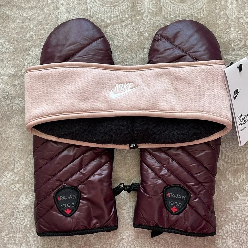 NWT Nike Club Fleece Pink Headband & NWOT Pajar 1963 Canada Burgundy Mittens Set